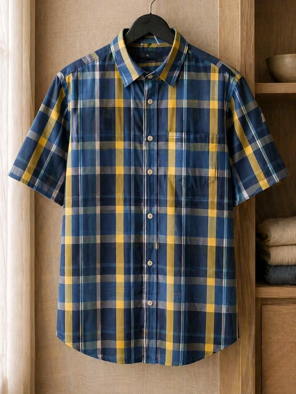 Falls Creek Men's 2XL Plaid Shirt - 100% Cotton Short Sleeve Blue & Yellow
